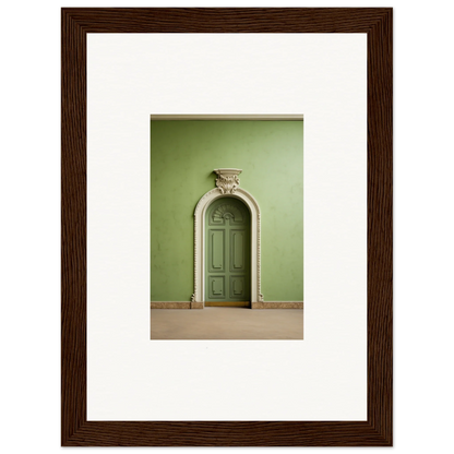 Ornate arched green door art above Verdant Illusion Sphere framed wall art