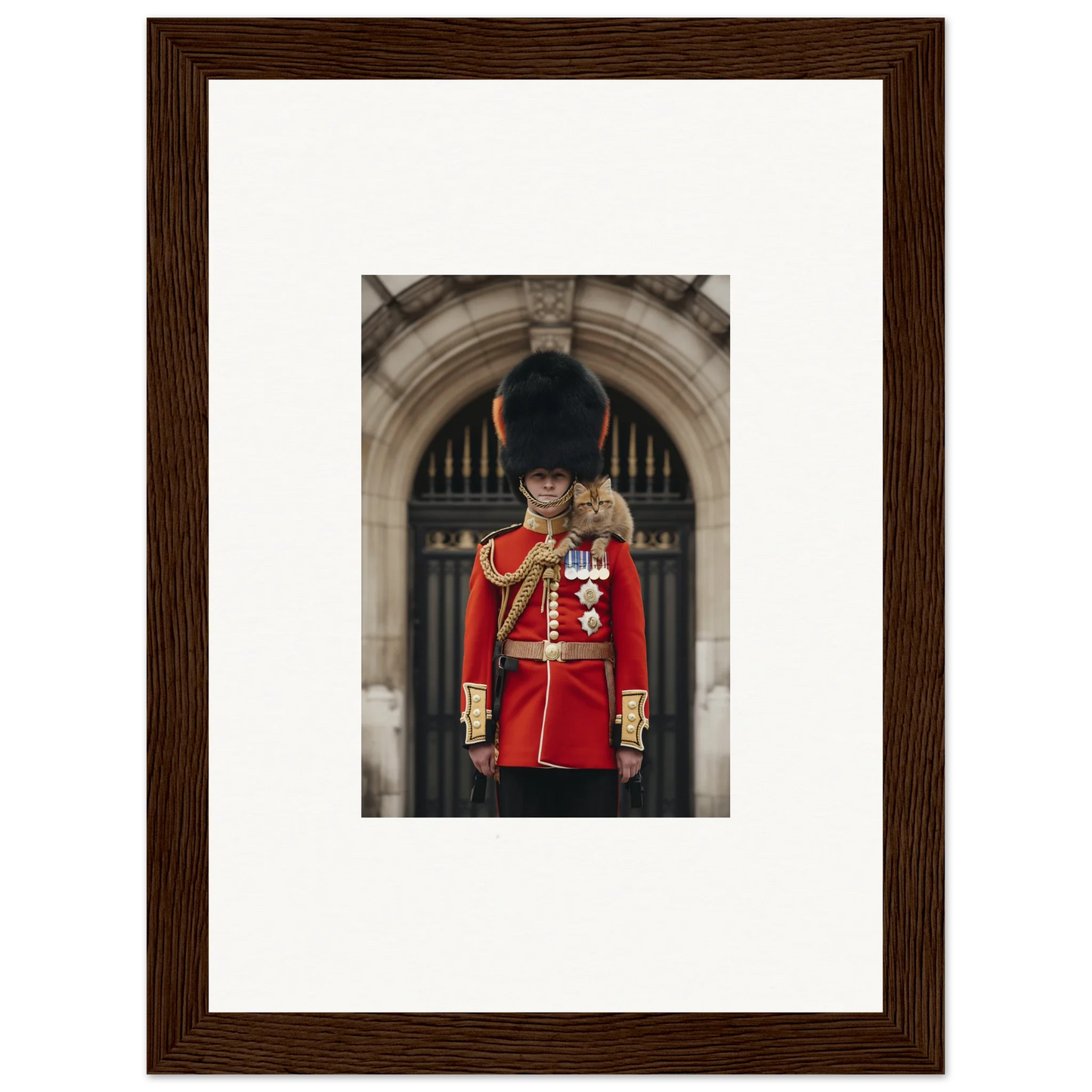 Royal guard in bearskin hat and red tunic for Royal Red Reverie framed wall art