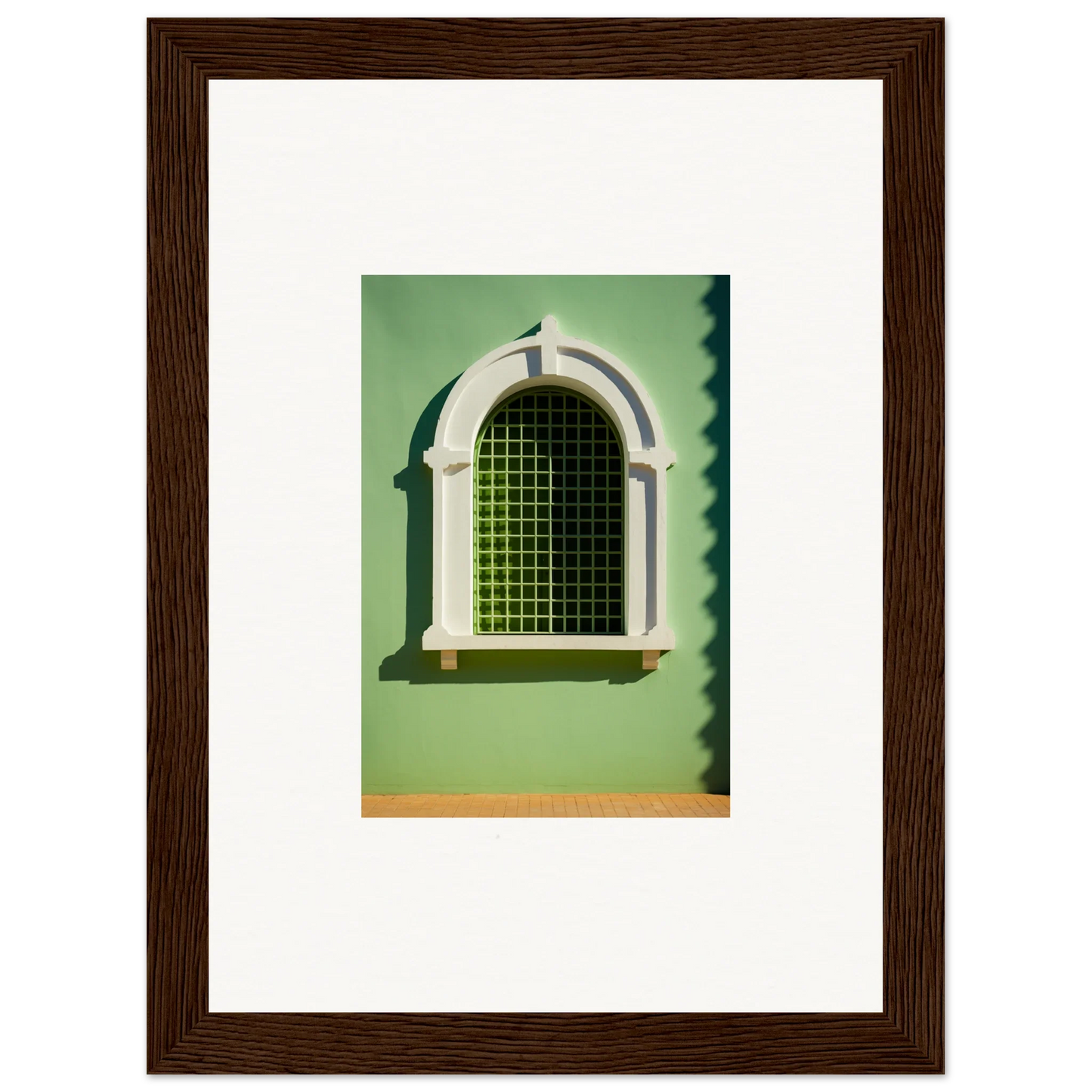 Arched Visible Equilibrium Window with decorative trim and green metal grating