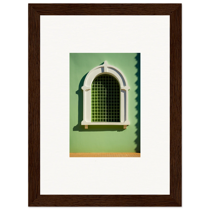 Arched Visible Equilibrium Window with decorative trim and green metal grating