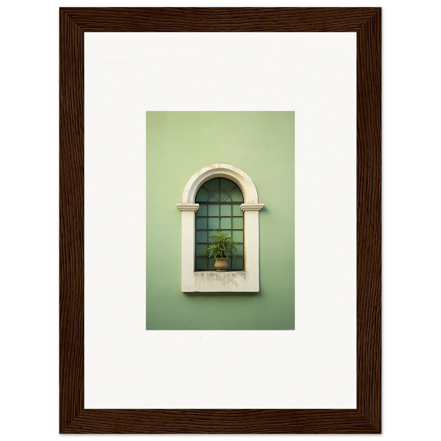 Arched window with white trim and green glass in Eggshell PandæmonIA Bliss art