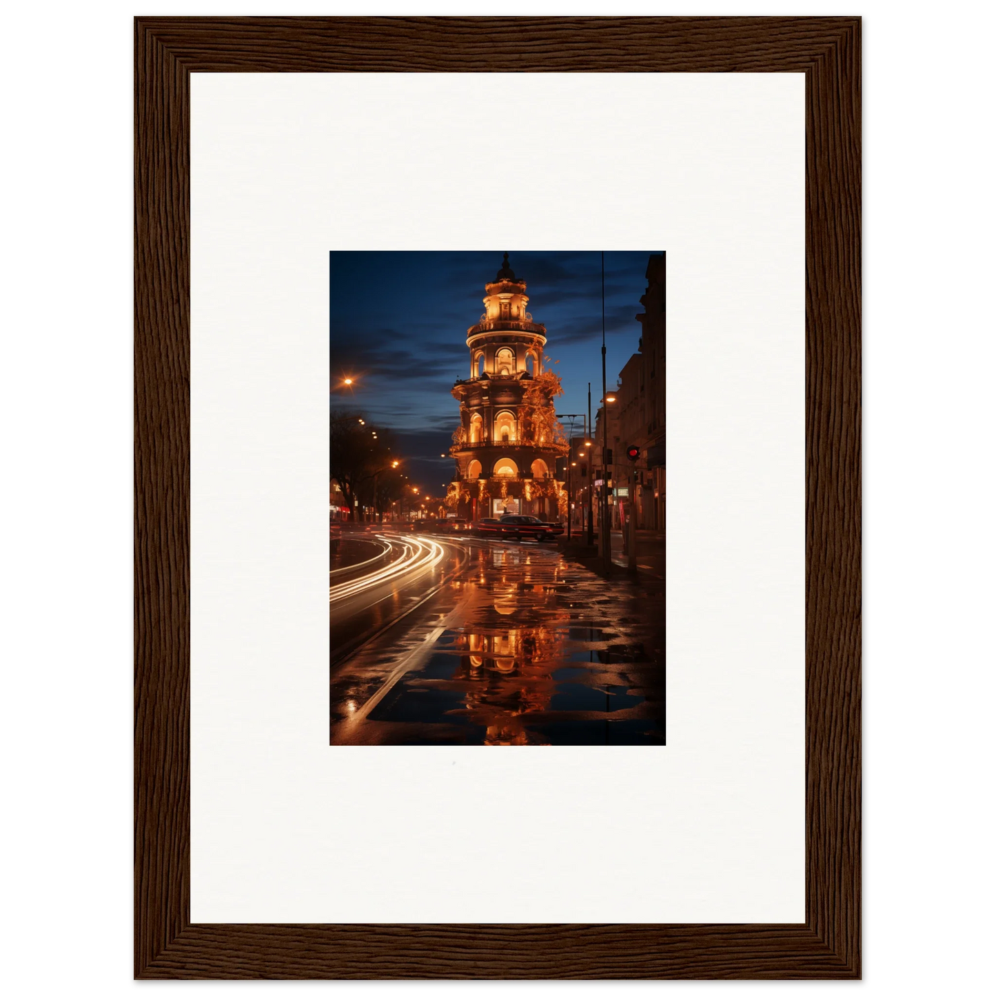 Illuminated clock tower reflection on wet street in Luminous Neo’ici Dops framed wall art