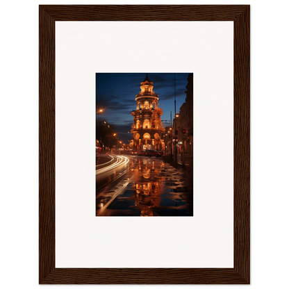 Illuminated clock tower reflection on wet street in Luminous Neo’ici Dops framed wall art