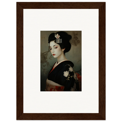 Framed wall art of a geisha in a black kimono from Cherry Dream Surrealism