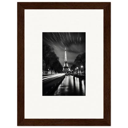 Framed black and white photo of the Eiffel Tower at night for Parisian Stars collection