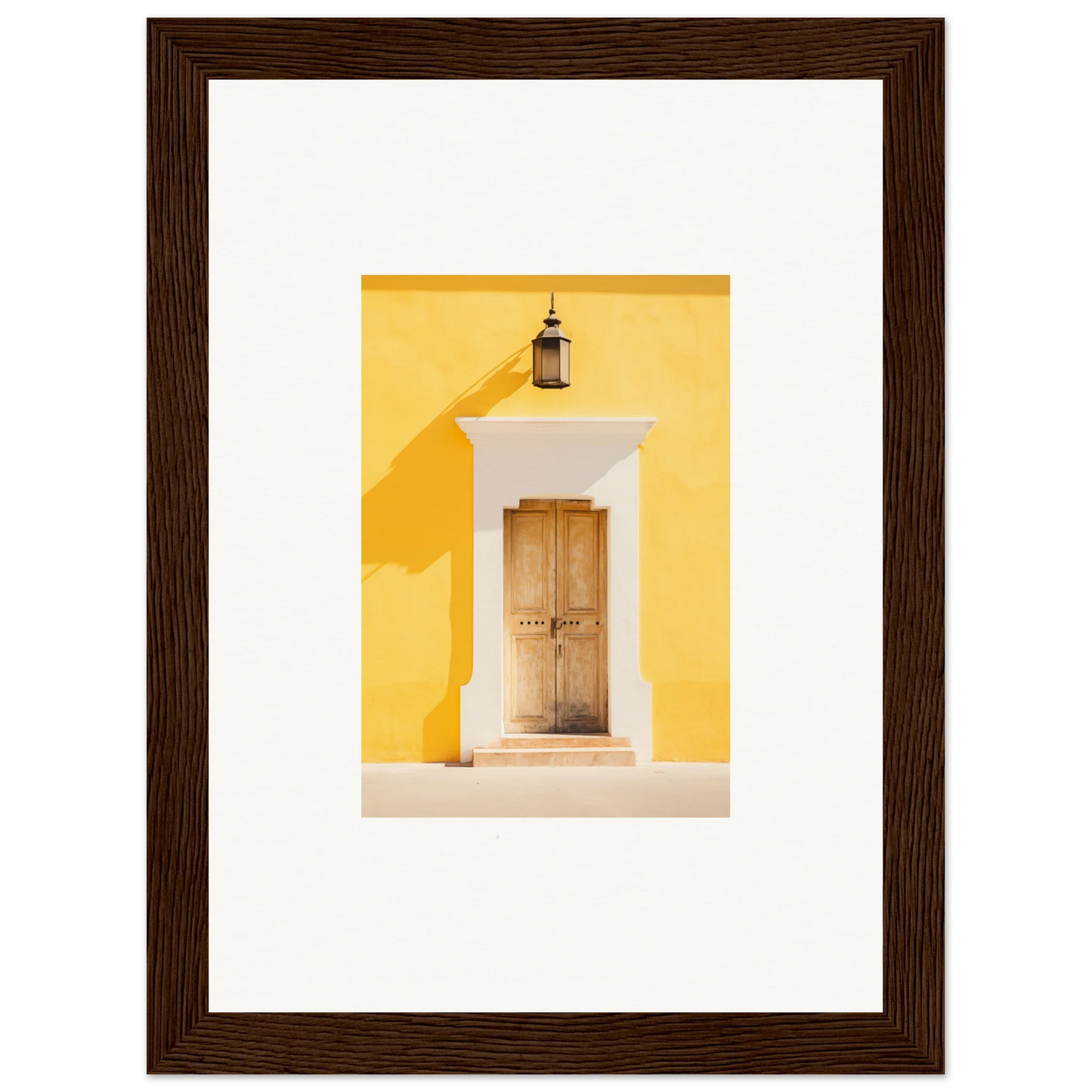 Wooden door with white trim on yellow wall in Golden Hue Portal framed wall art