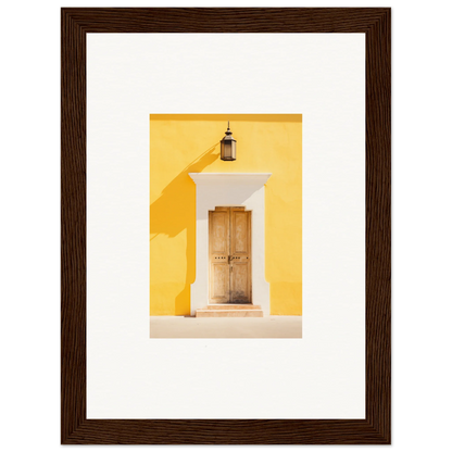 Wooden door with white trim on yellow wall in Golden Hue Portal framed wall art