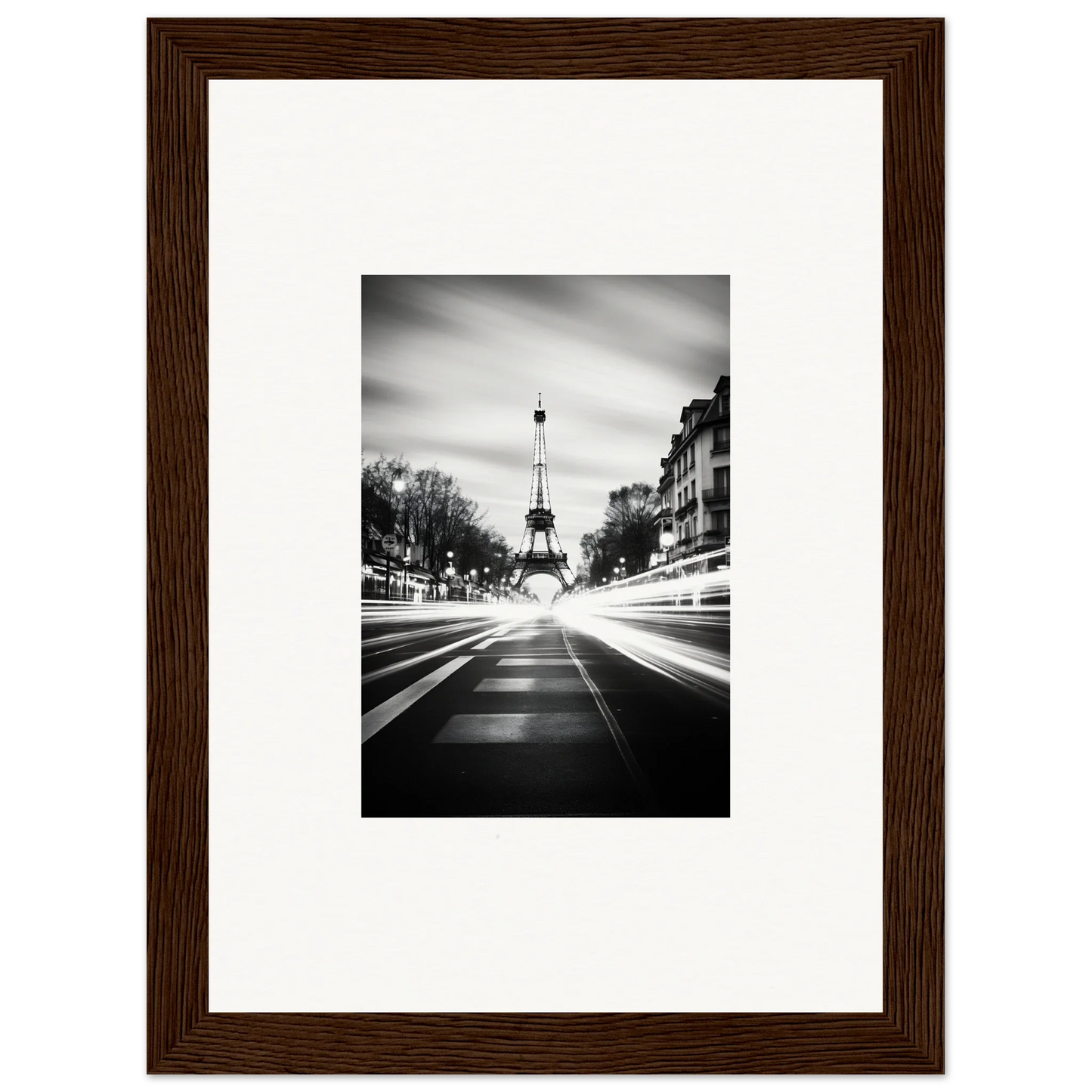 Black and white Eiffel Tower photo in dark wood frame, part of Synth Wave Elysium collection