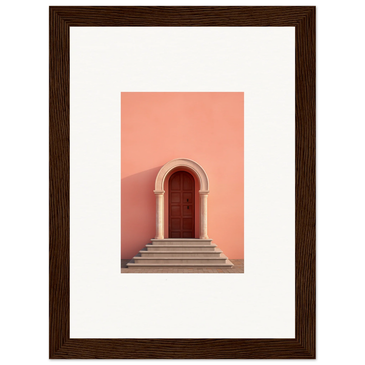 Vibrant red wooden door with arched stone frame, perfect for an ethereal sunset gateway