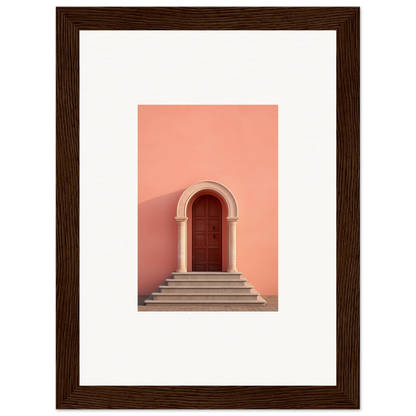 Vibrant red wooden door with arched stone frame, perfect for an ethereal sunset gateway