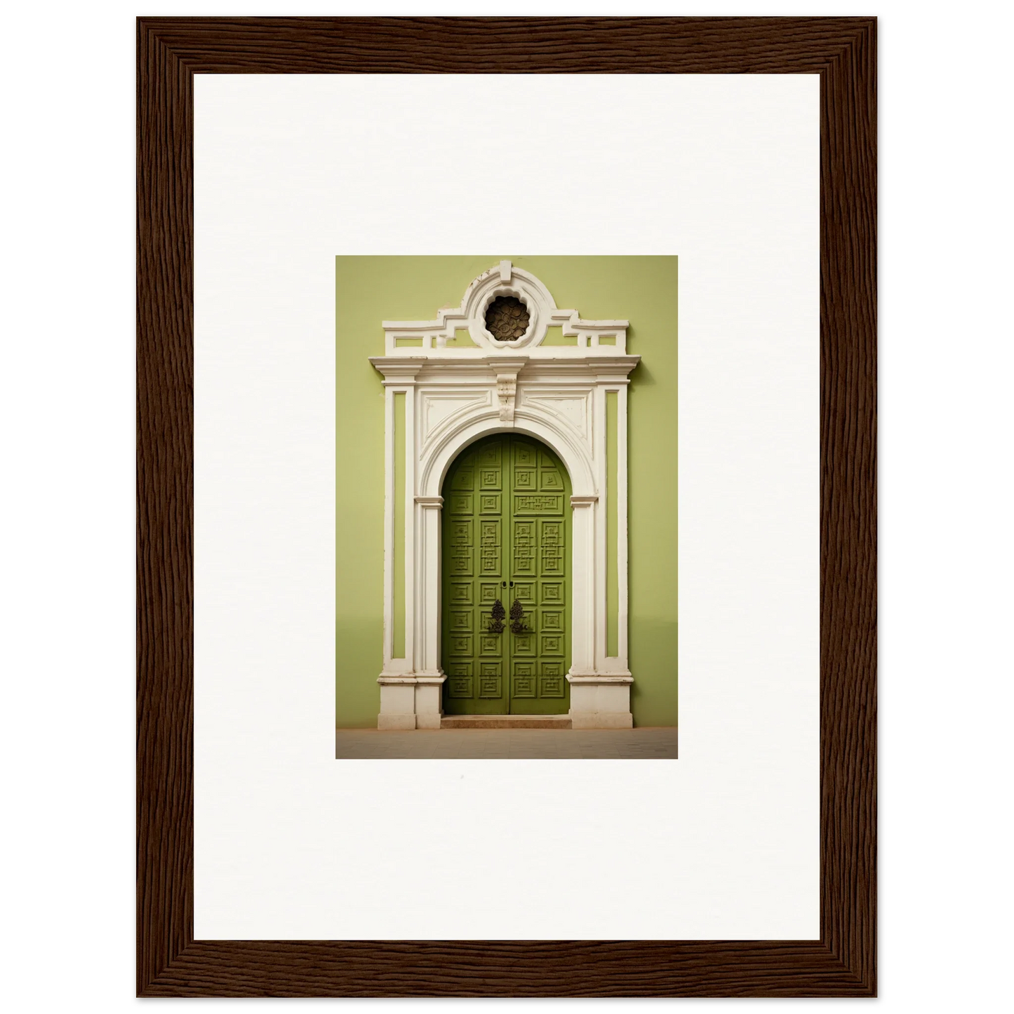 Ornate green door framed by white stone archway in Verdant Sentry Whispers art™