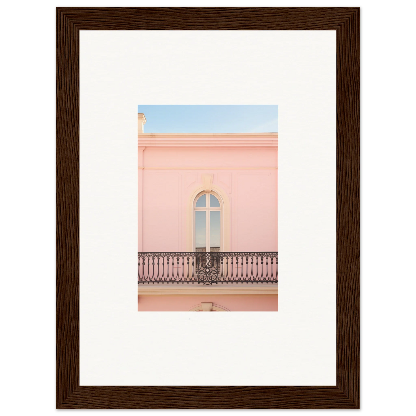 Framed wall art of a pink building with an arched window and balcony, Peach Tranquil Portal