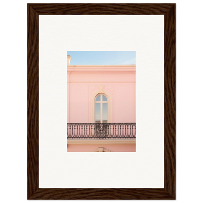 Framed wall art of a pink building with an arched window and balcony, Peach Tranquil Portal