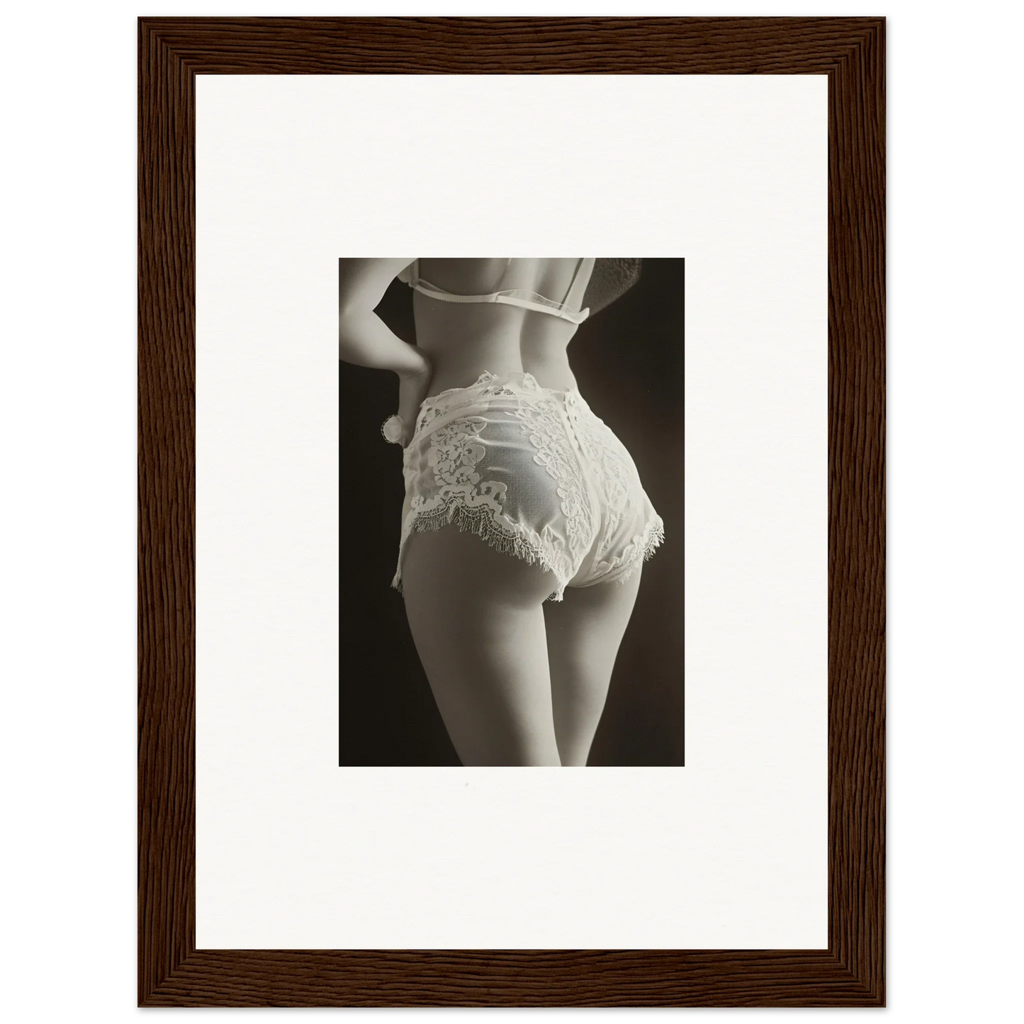 Black and white wall art of a woman’s lower back in lace, perfect for room decoration