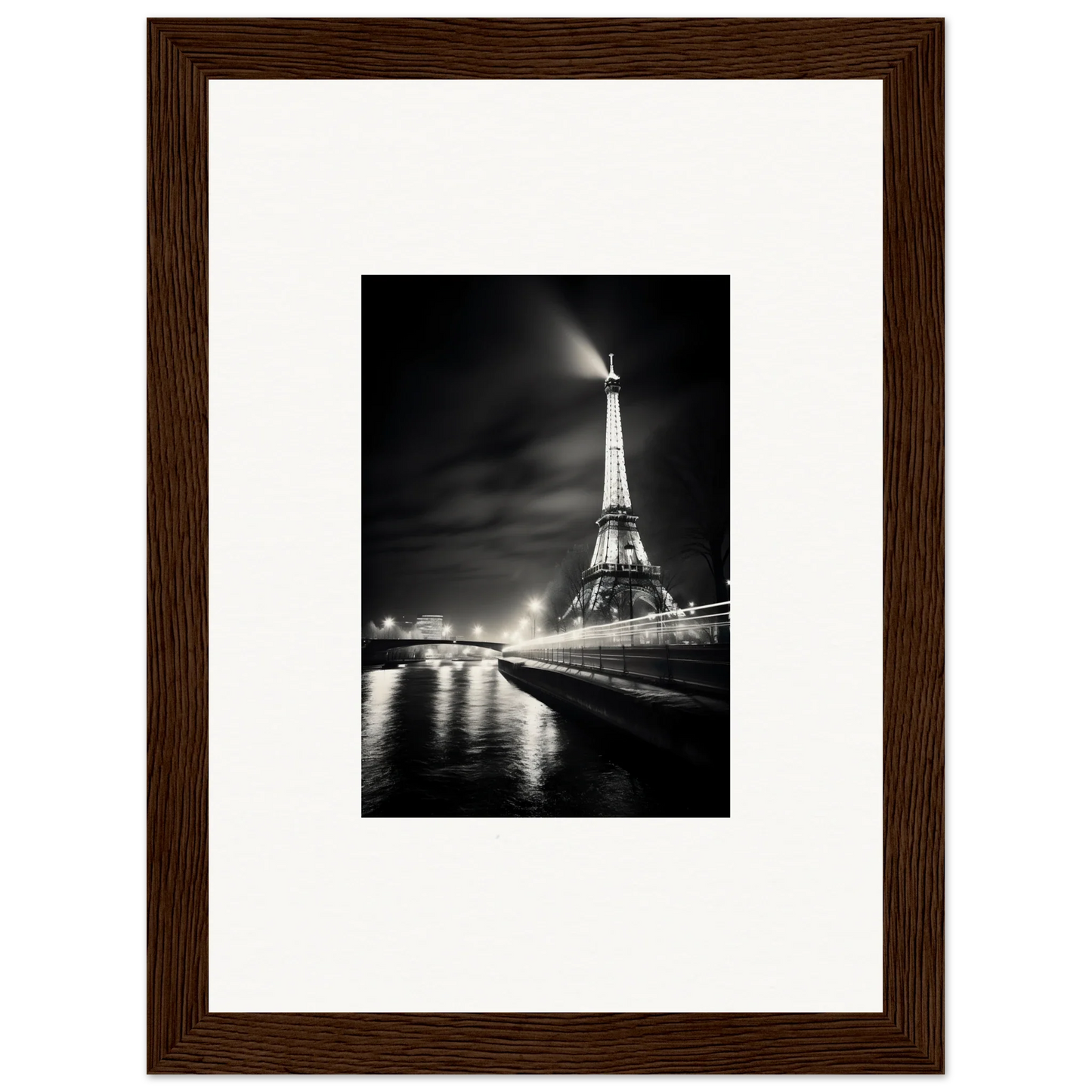 Black and white photo of the Eiffel Tower at night for Paris Radiates Eleepizarre framed wall art