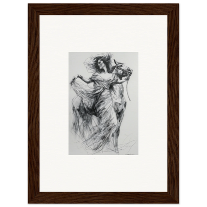 Charcoal sketch of a dancing figure in Equestrian Ether Euphoria framed wall art