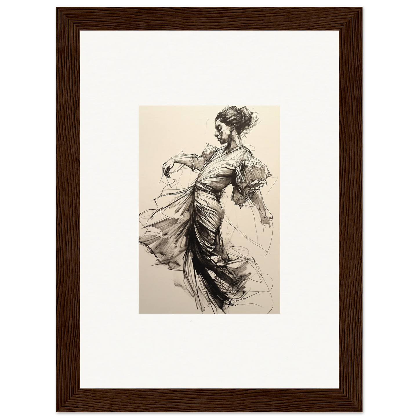 Elegant sketch of a dancer in flowing dress for Whirling Midnight Form framed wall art