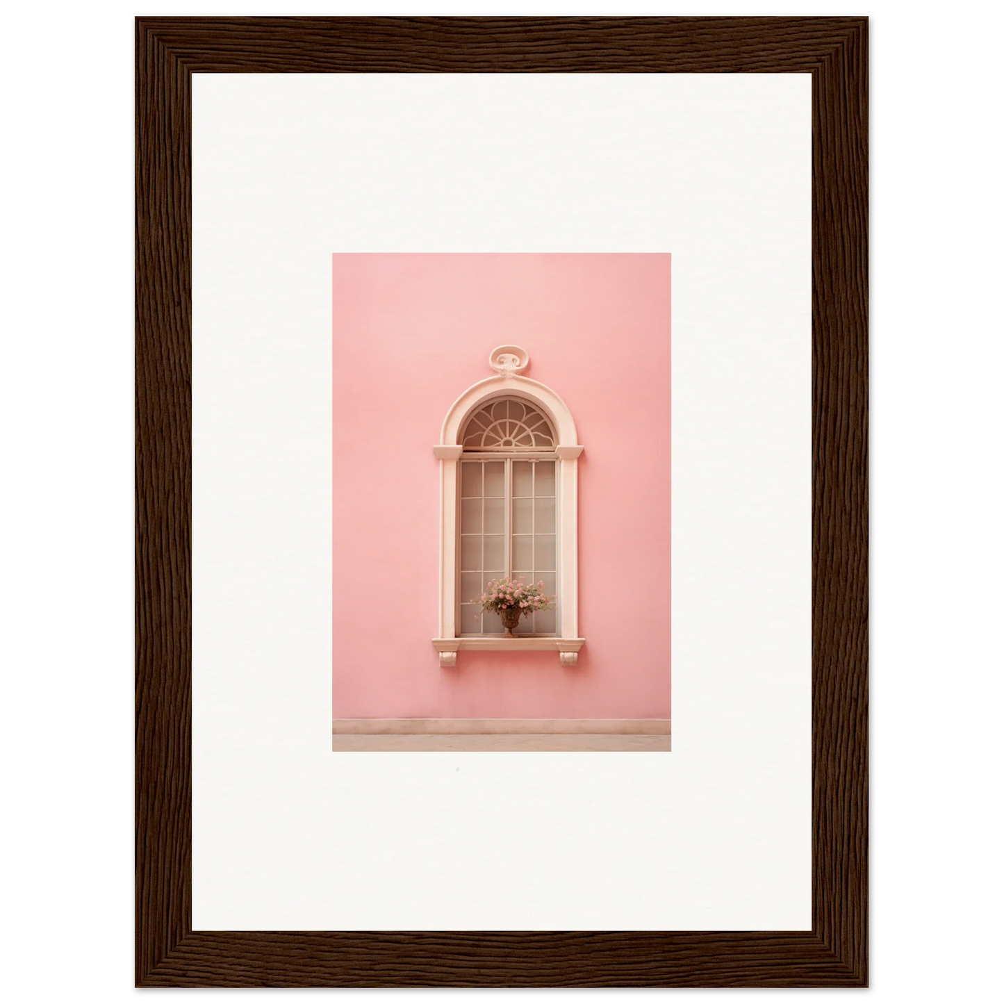 Arched window with ornate details on a pink wall in Pinky Flora Portal framed art