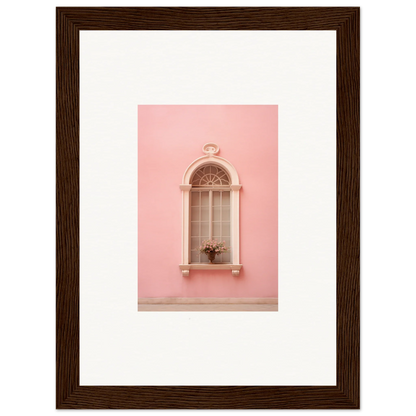 Arched window with ornate details on a pink wall in Pinky Flora Portal framed art