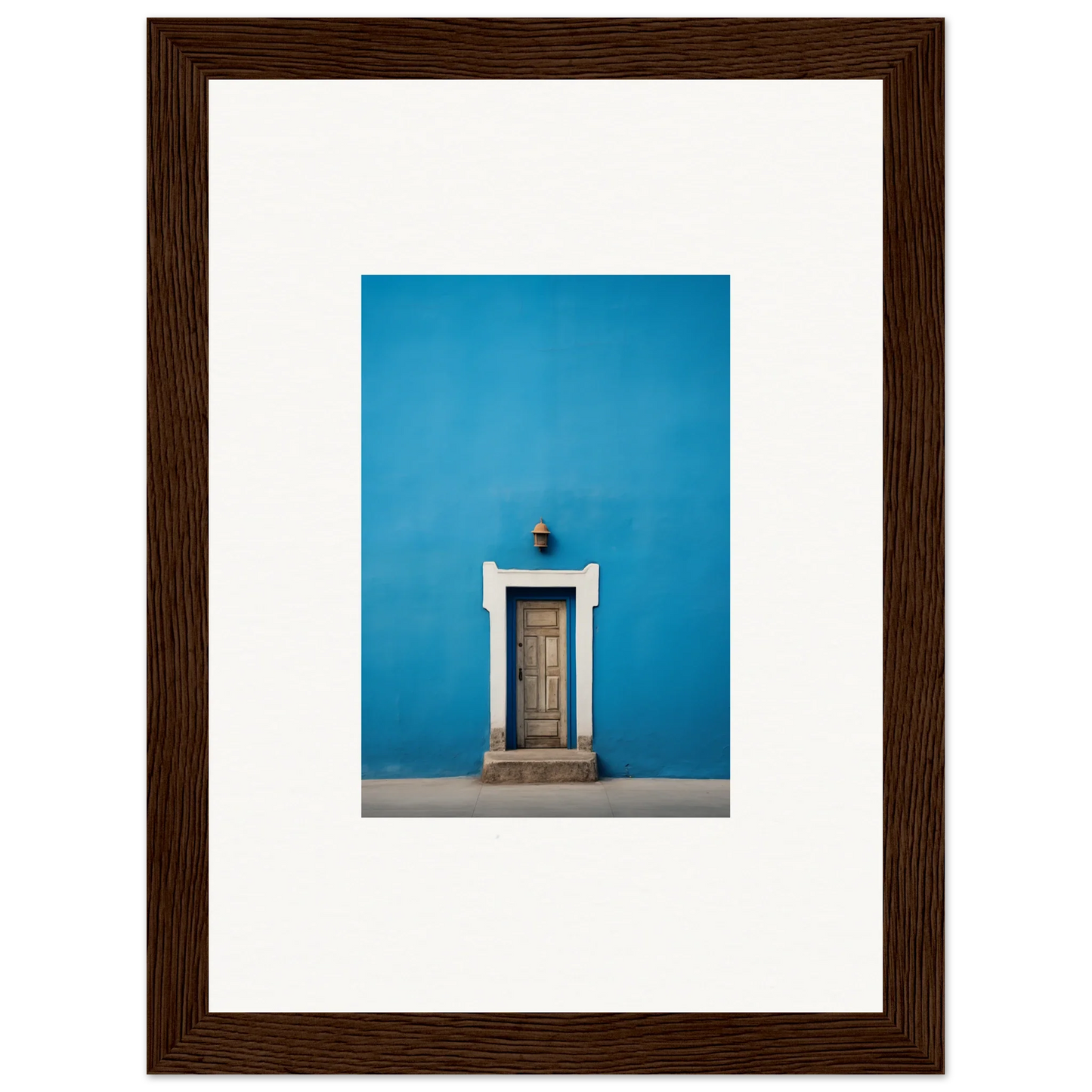 Wooden-framed doorway with white trim on bright blue wall in Eternal Cerulean Cloister special edition art™