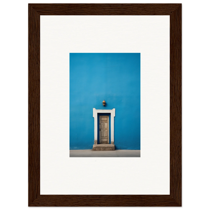 Wooden-framed doorway with white trim on bright blue wall in Eternal Cerulean Cloister special edition art™