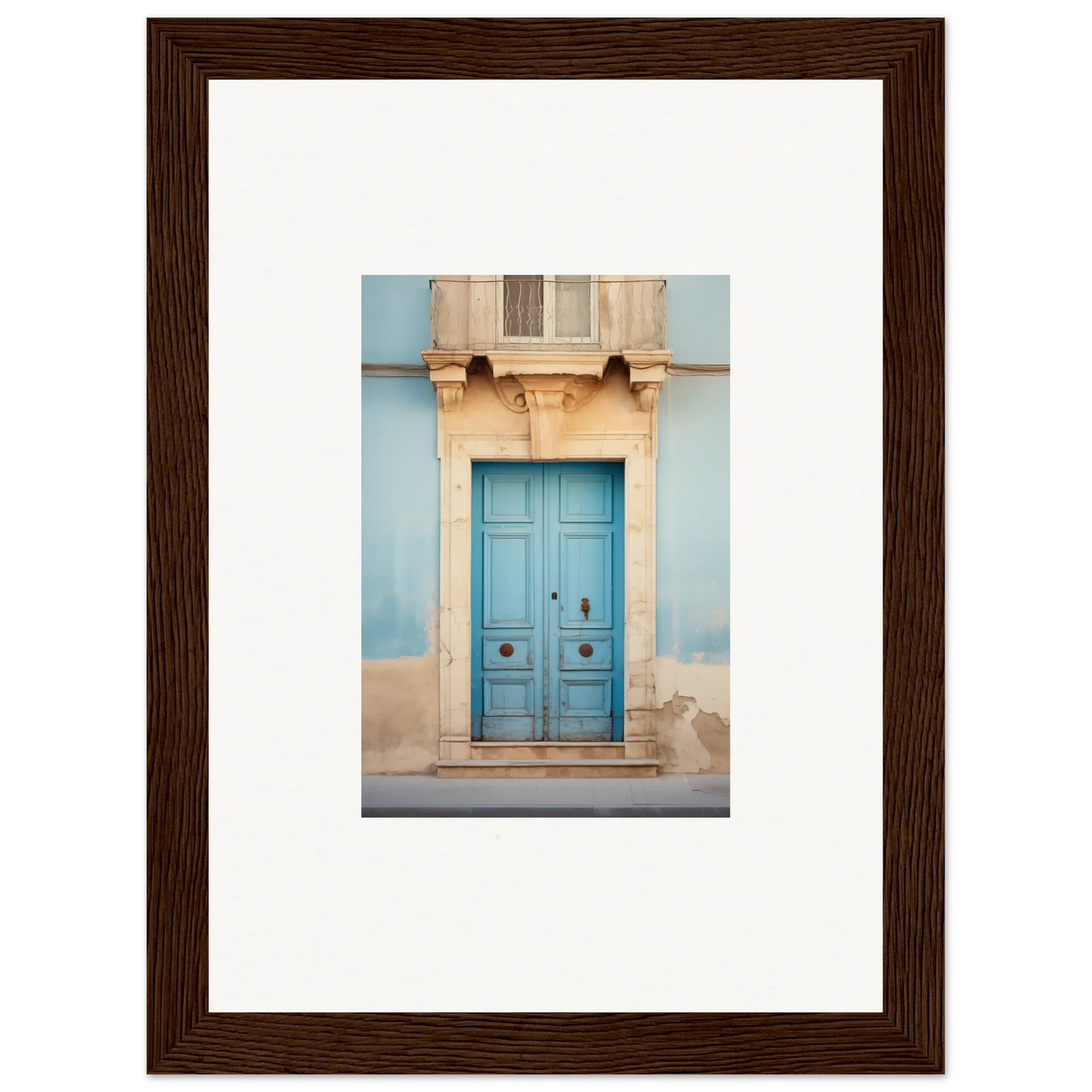 Bright turquoise wooden door with ornate stone trim in Ephemeral Dreamscape Doorway