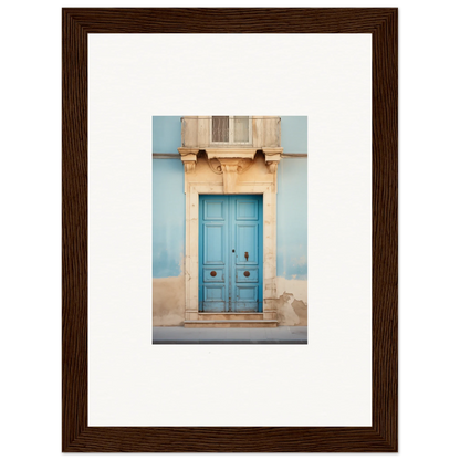 Bright turquoise wooden door with ornate stone trim in Ephemeral Dreamscape Doorway