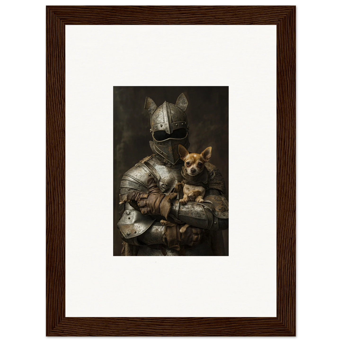 Medieval knight in armor with a dog in Serene Steel Whispers framed wall art