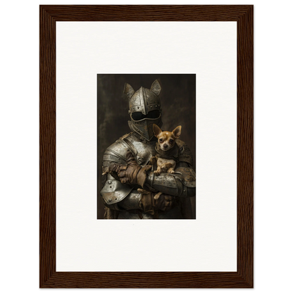 Medieval knight in armor with a dog in Serene Steel Whispers framed wall art