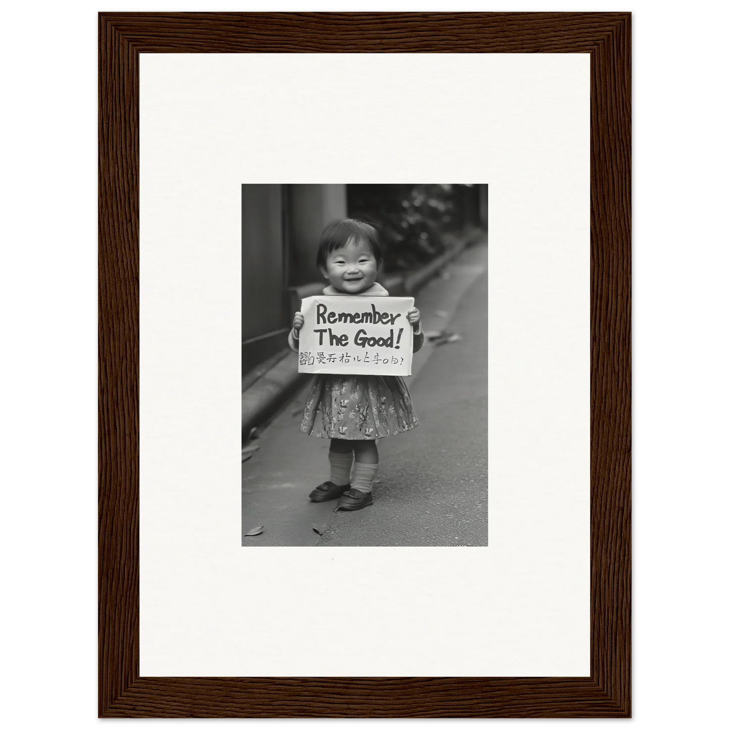 Framed black and white photo of a child with Remember The Good sign in Whimsy Echo Memory