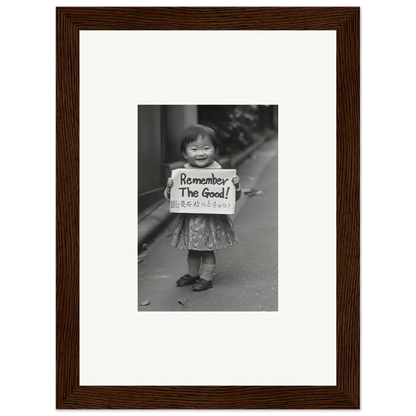 Framed black and white photo of a child with Remember The Good sign in Whimsy Echo Memory