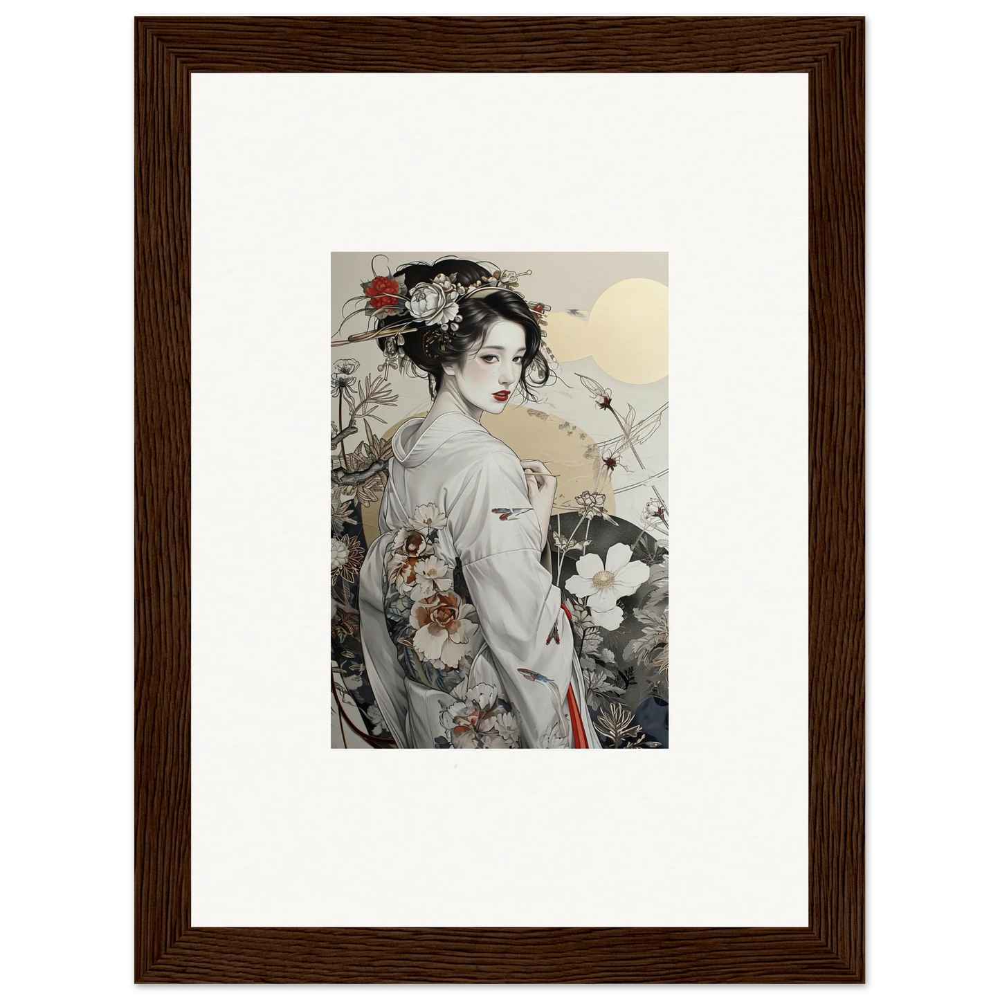 Framed artwork of a geisha in kimono, featured in Daydream Blossom Wistitudes