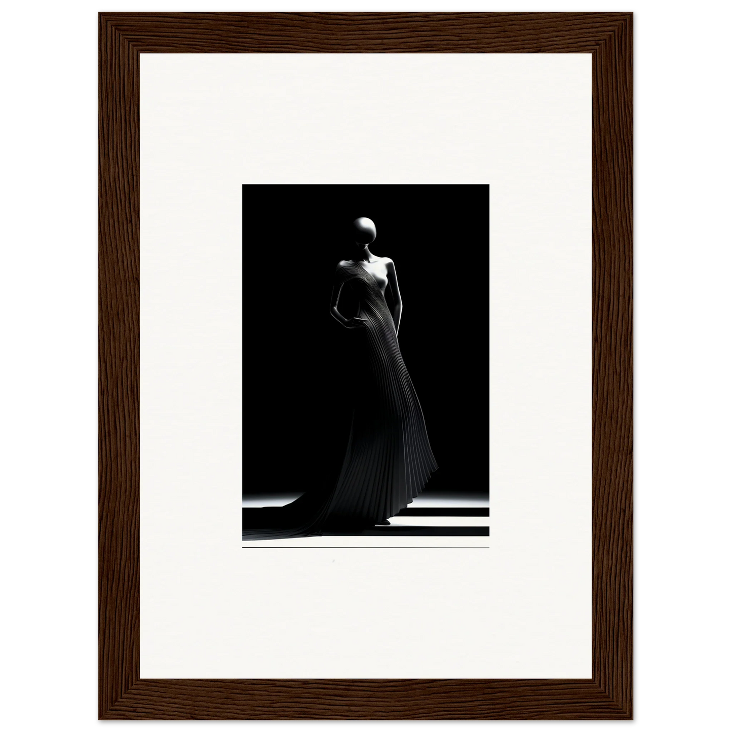 Elegant figure in flowing Echoes Velvet Mirage evening gown in dramatic black and white