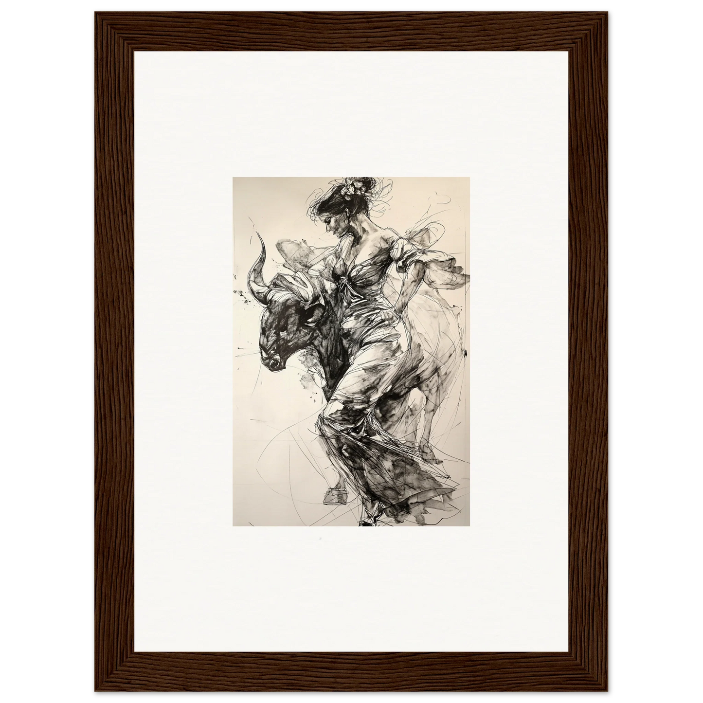 Dynamic black and white sketch of a bull rider for Labyrinthine Spanish Mirage