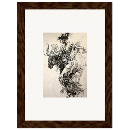 Dynamic black and white sketch of a bull rider for Labyrinthine Spanish Mirage