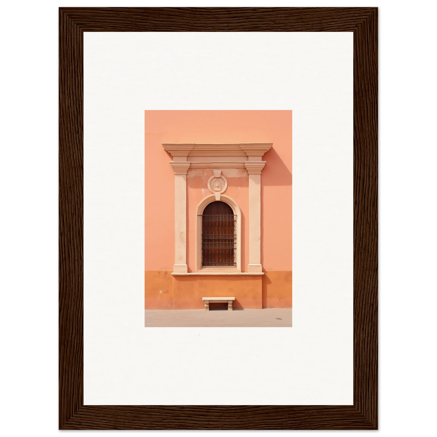 Ornate arched window on a peach wall in Silent Sunset Oblique framed wall art