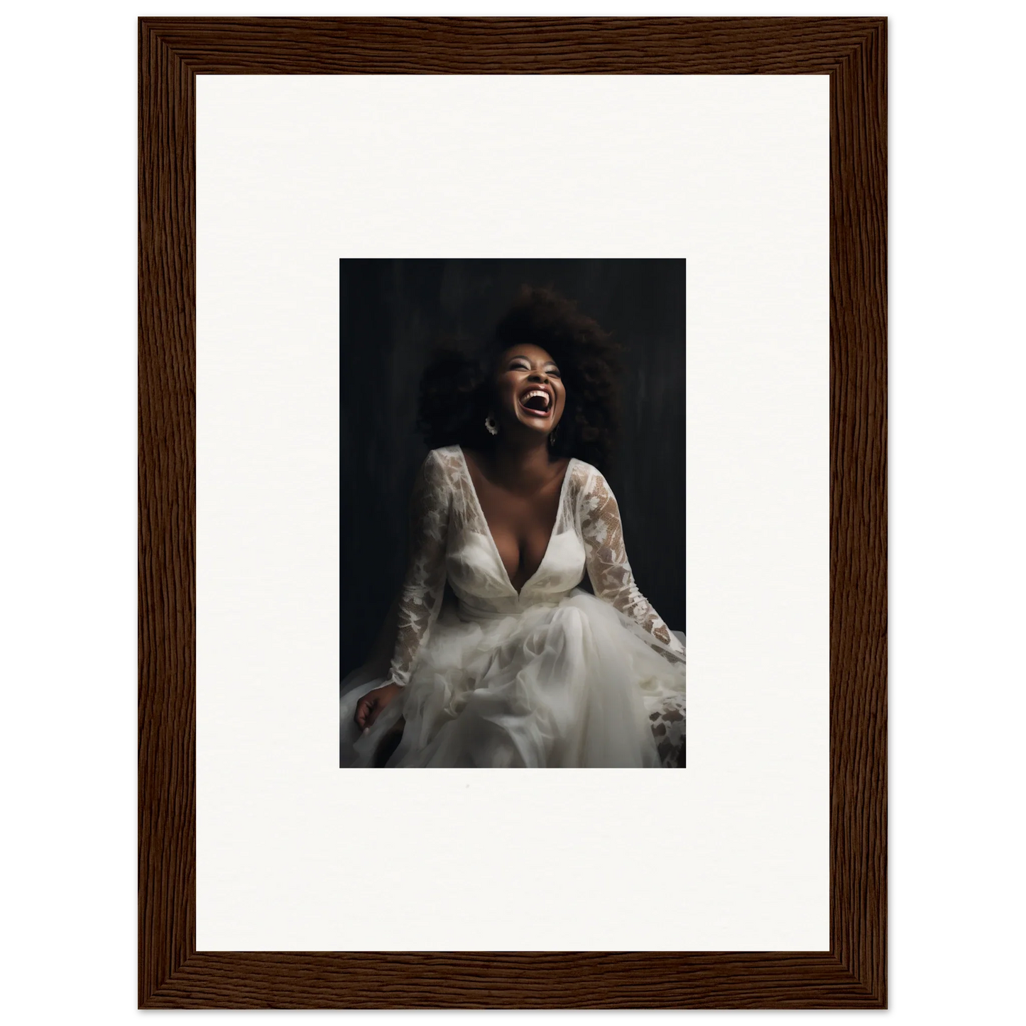 Framed wall art of Timeless Essence Laughter featuring a bride in a lace wedding dress