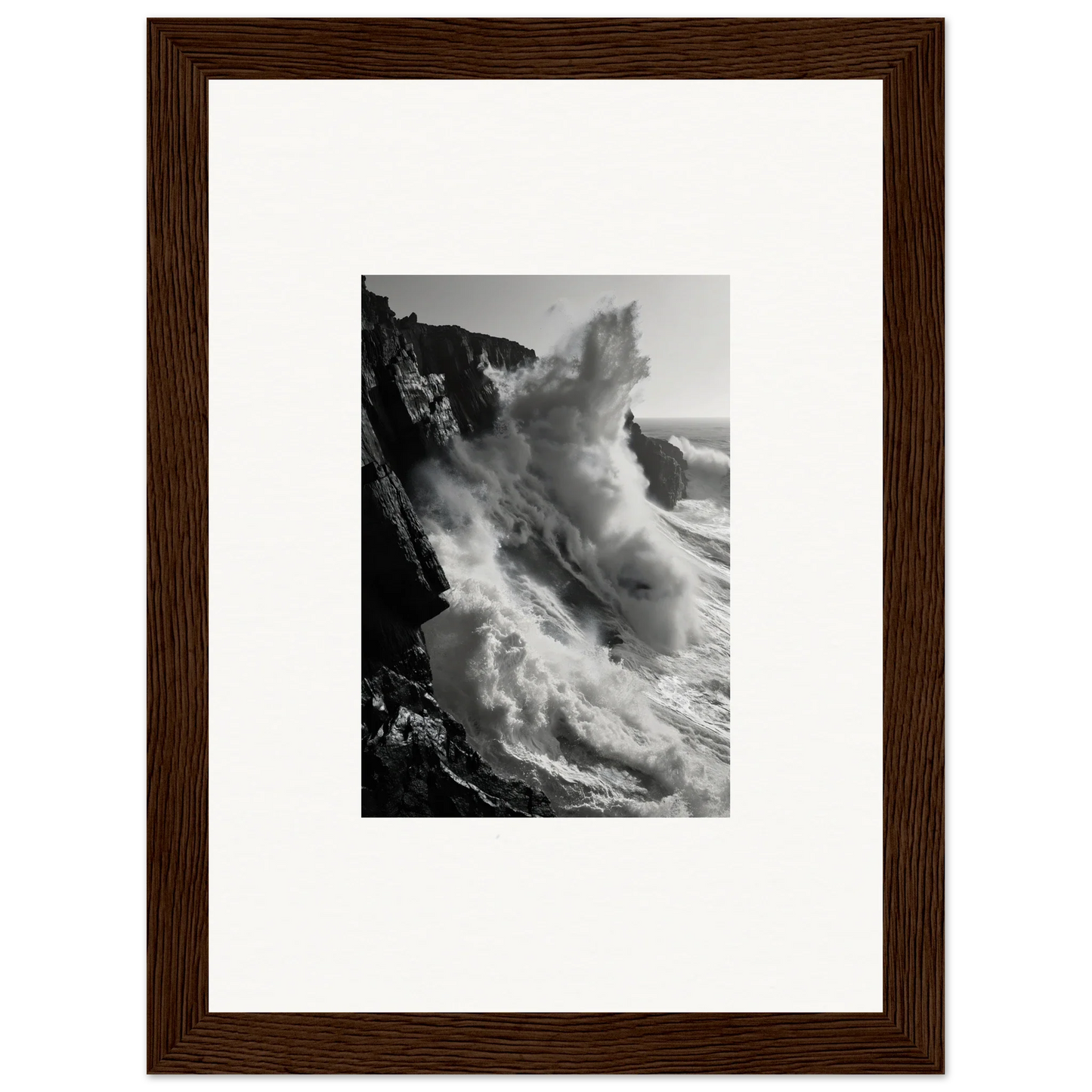 Powerful ocean wave crashing on rocky cliffs in Tempest Winks Reverie art piece