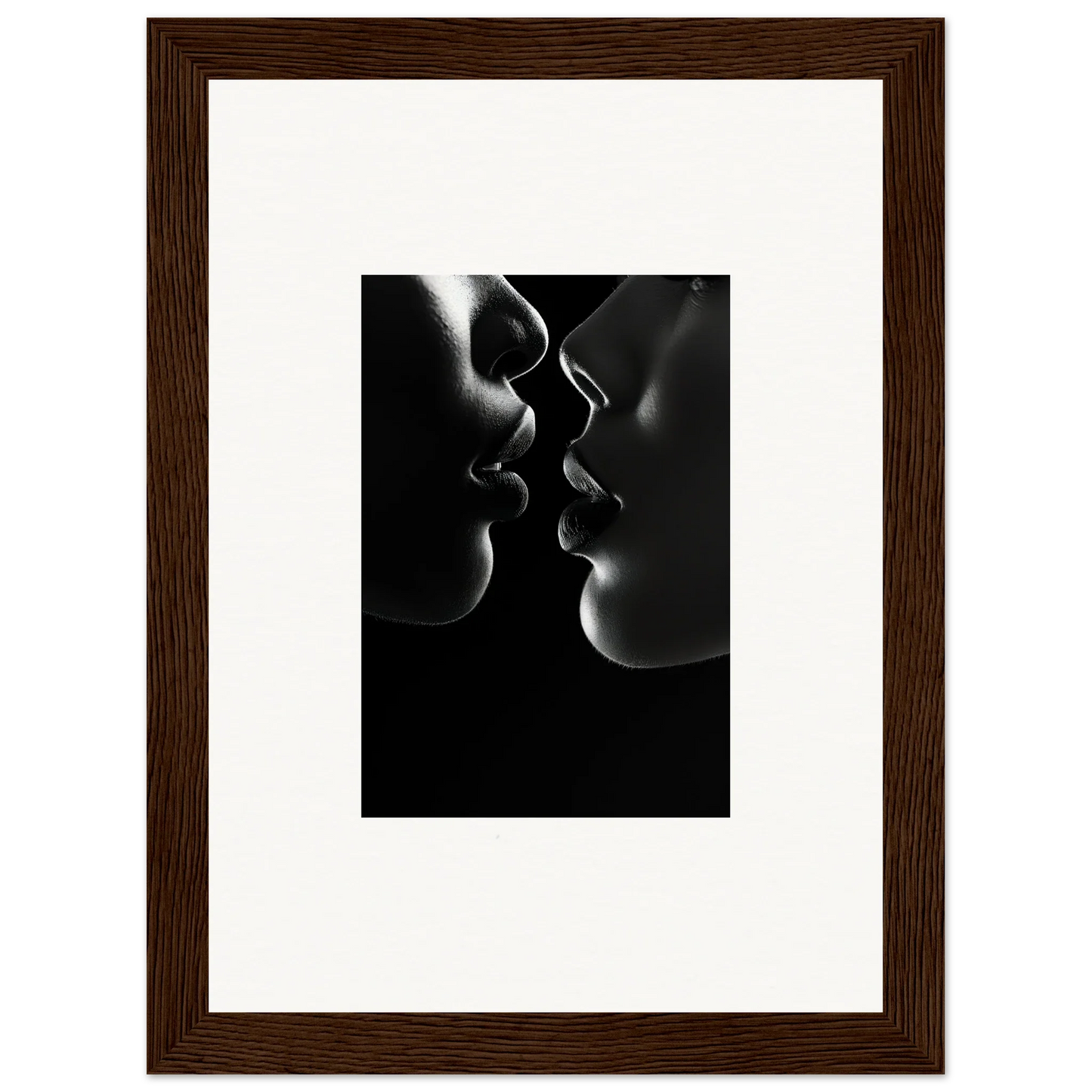 Black and white silhouette of two profiles about to kiss in Midnight Kiss Darkness framed wall art