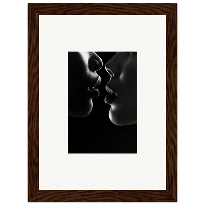 Black and white silhouette of two profiles about to kiss in Midnight Kiss Darkness framed wall art