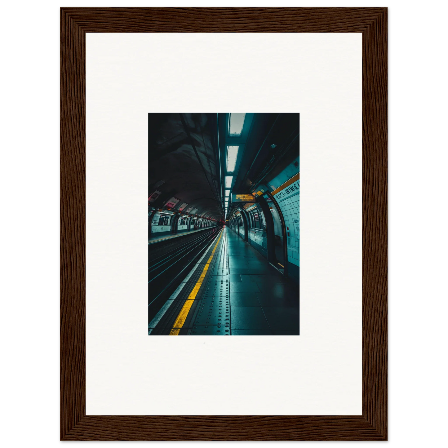 Framed photograph of empty subway platform with turquoise lighting for Portal Echo Anatomy