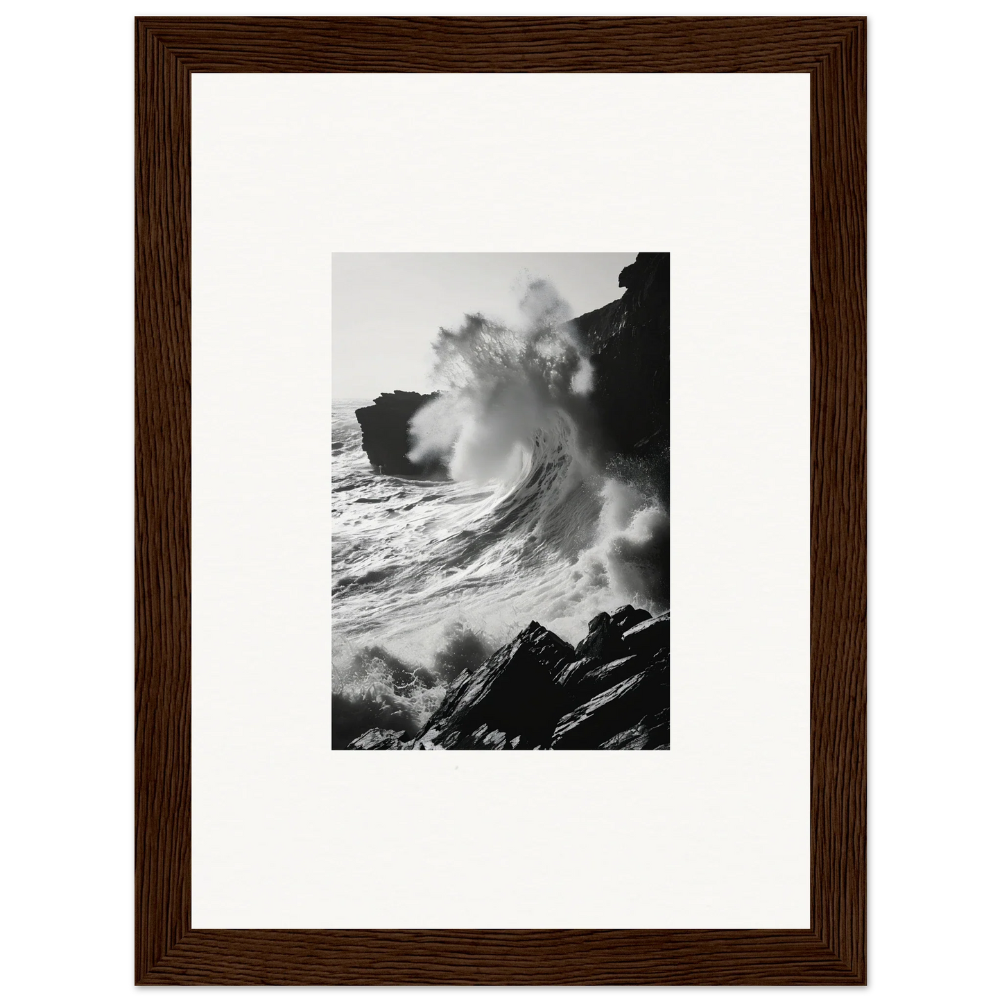 Powerful ocean wave crashing on cliffs in black and white, Incandescent Wave Tribute art