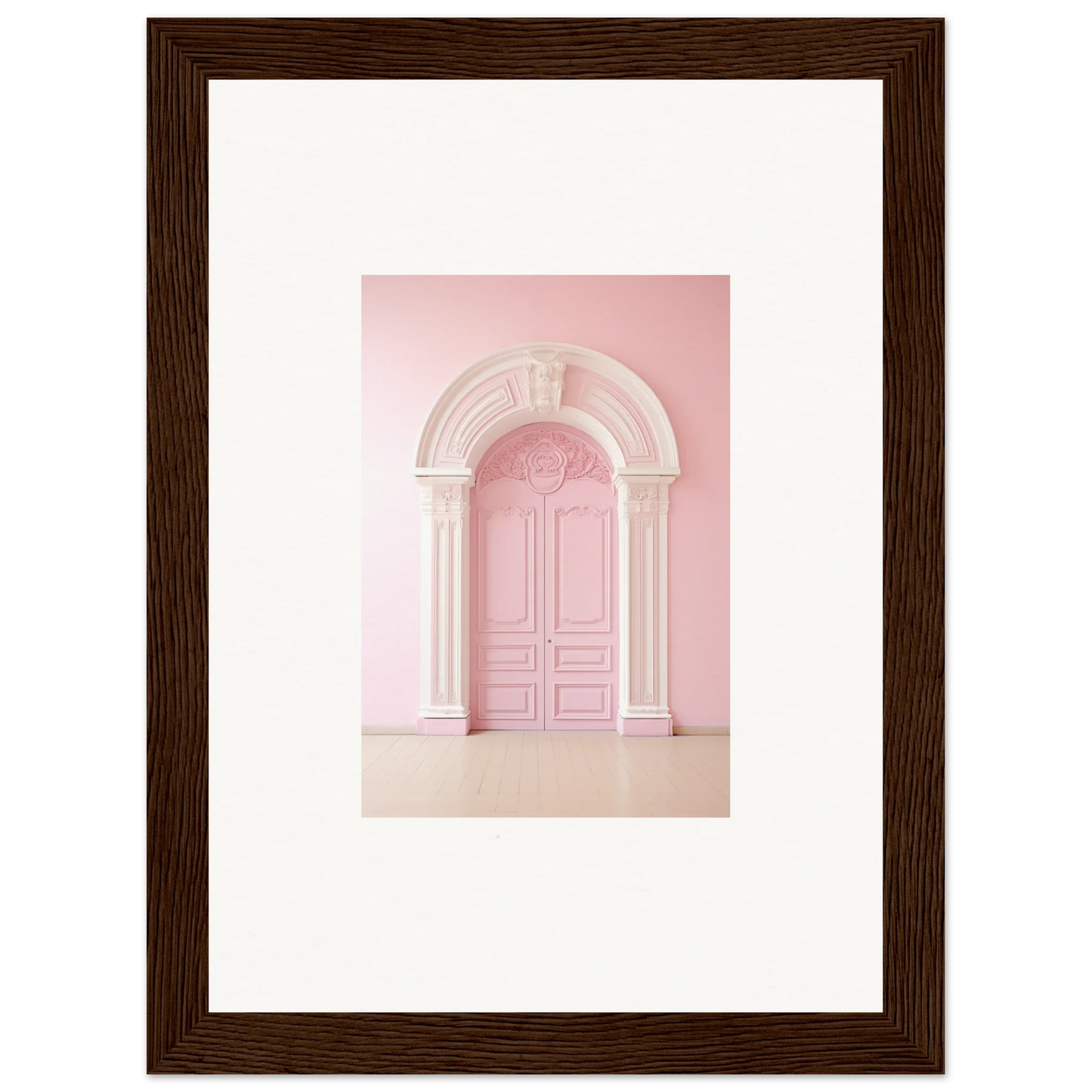 Pink arched doorway with ornate molding in Portal Fantasies Unfurled framed wall art