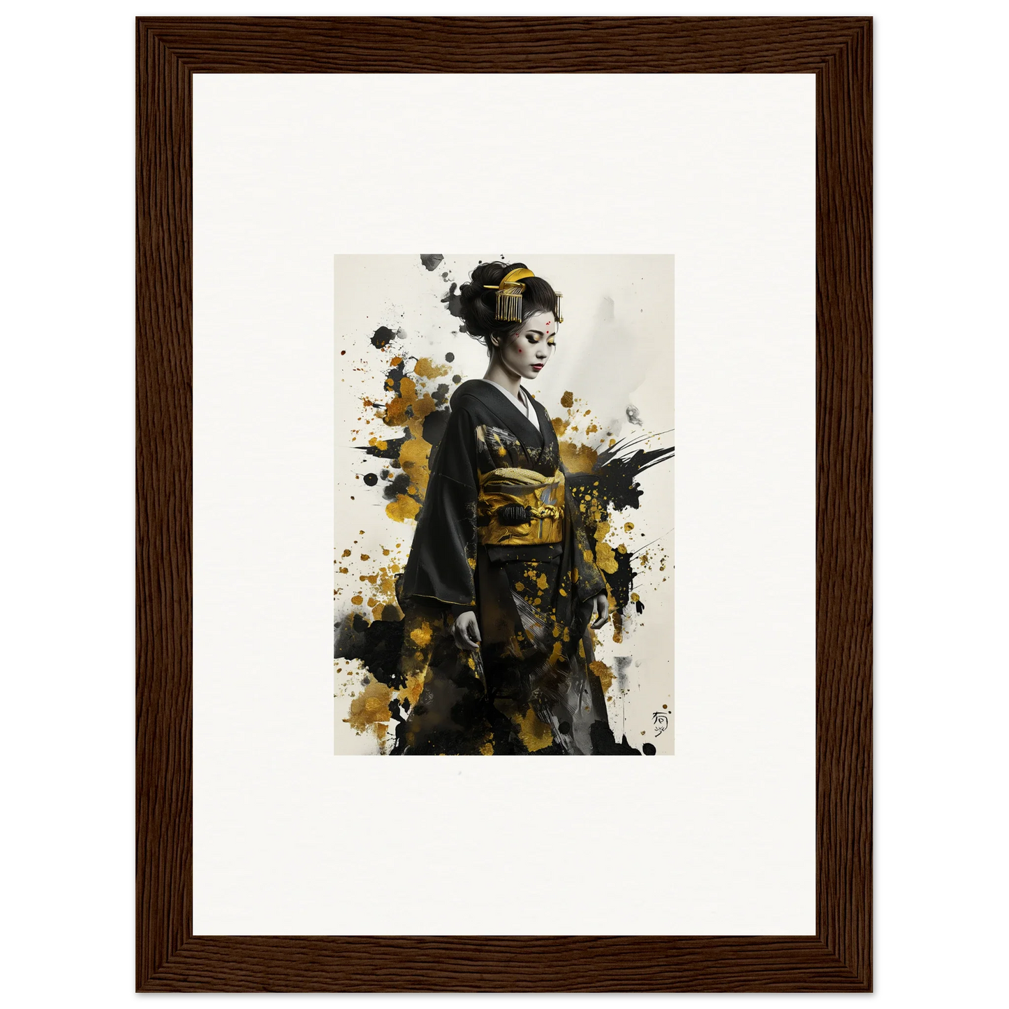 Artistic portrait of a geisha in kimono with black and gold in Eclipsed Ukiyo Symphony