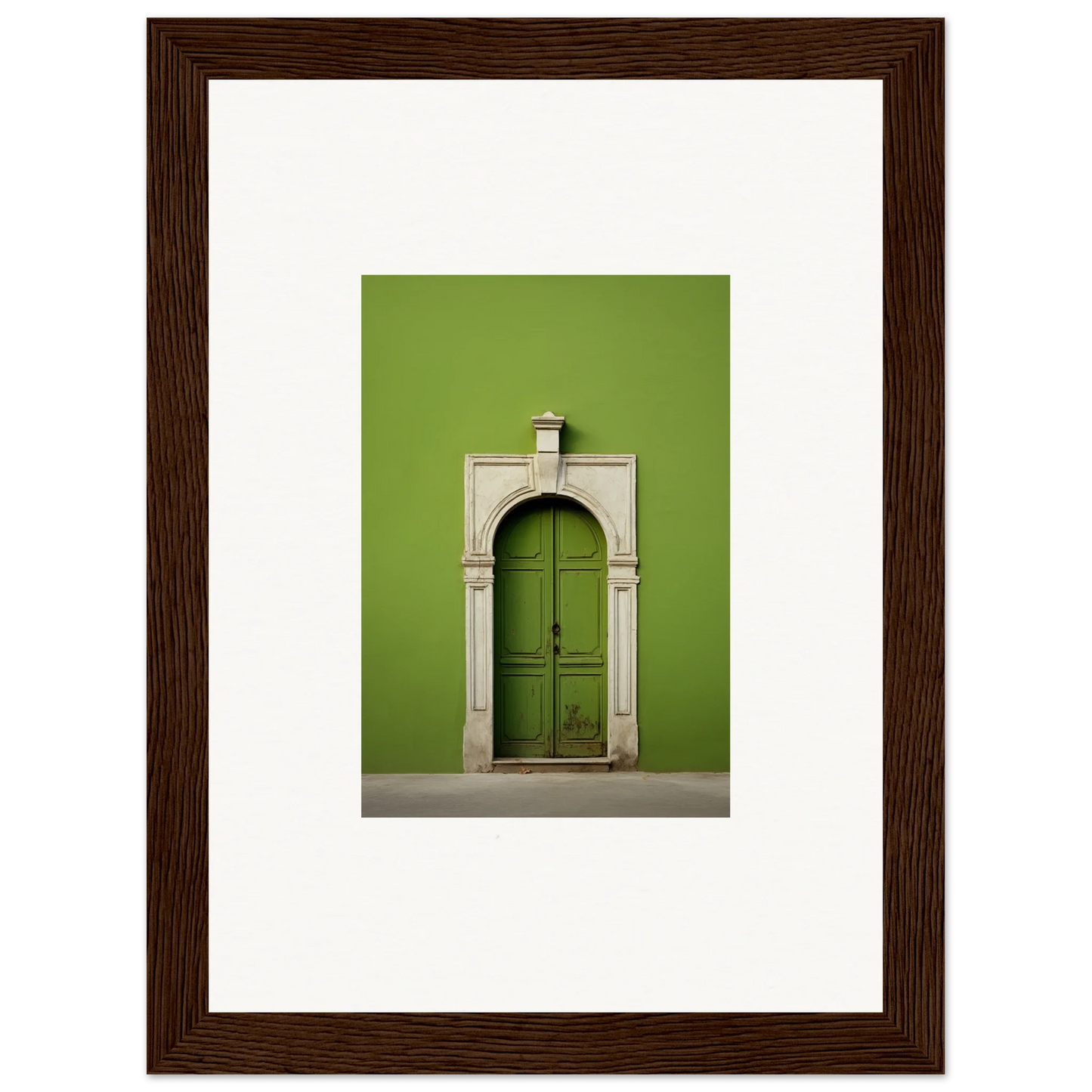 Green wooden door with a stone archway in Green Origins premium framed wall art