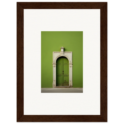 Green wooden door with a stone archway in Green Origins premium framed wall art