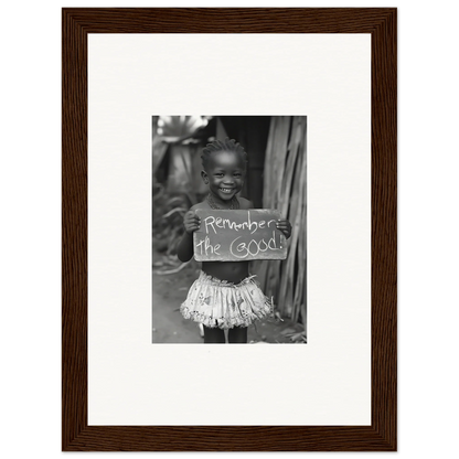 Black and white framed wall art of a child holding a sign for Chromatic Joy Ancients