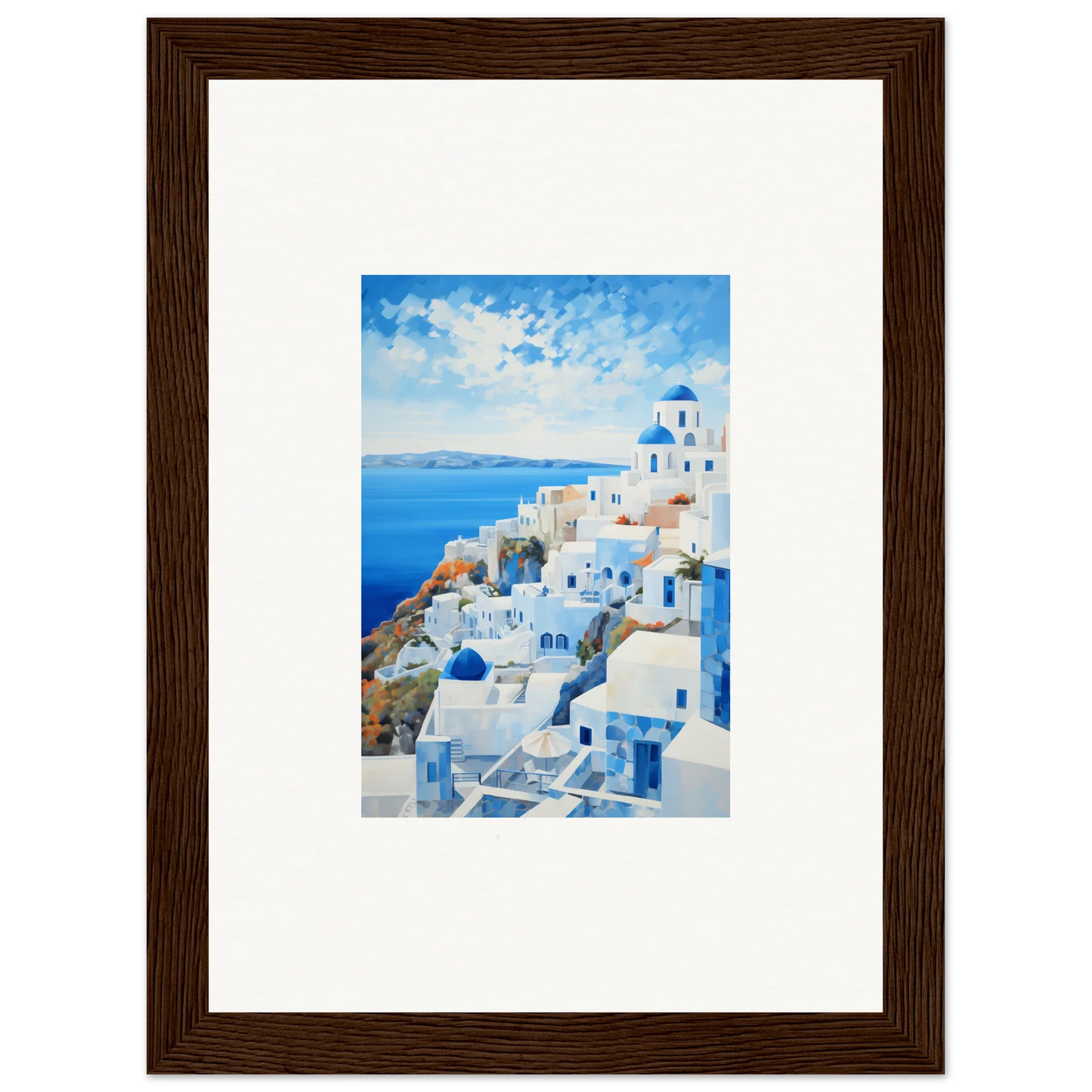 Framed watercolor painting of Santorini, perfect for premium framed wall art