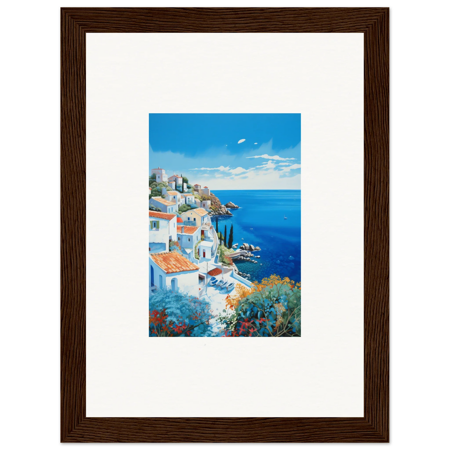 Framed Mediterranean coastal artwork in Sunlit Dreamscape Promise special edition art™