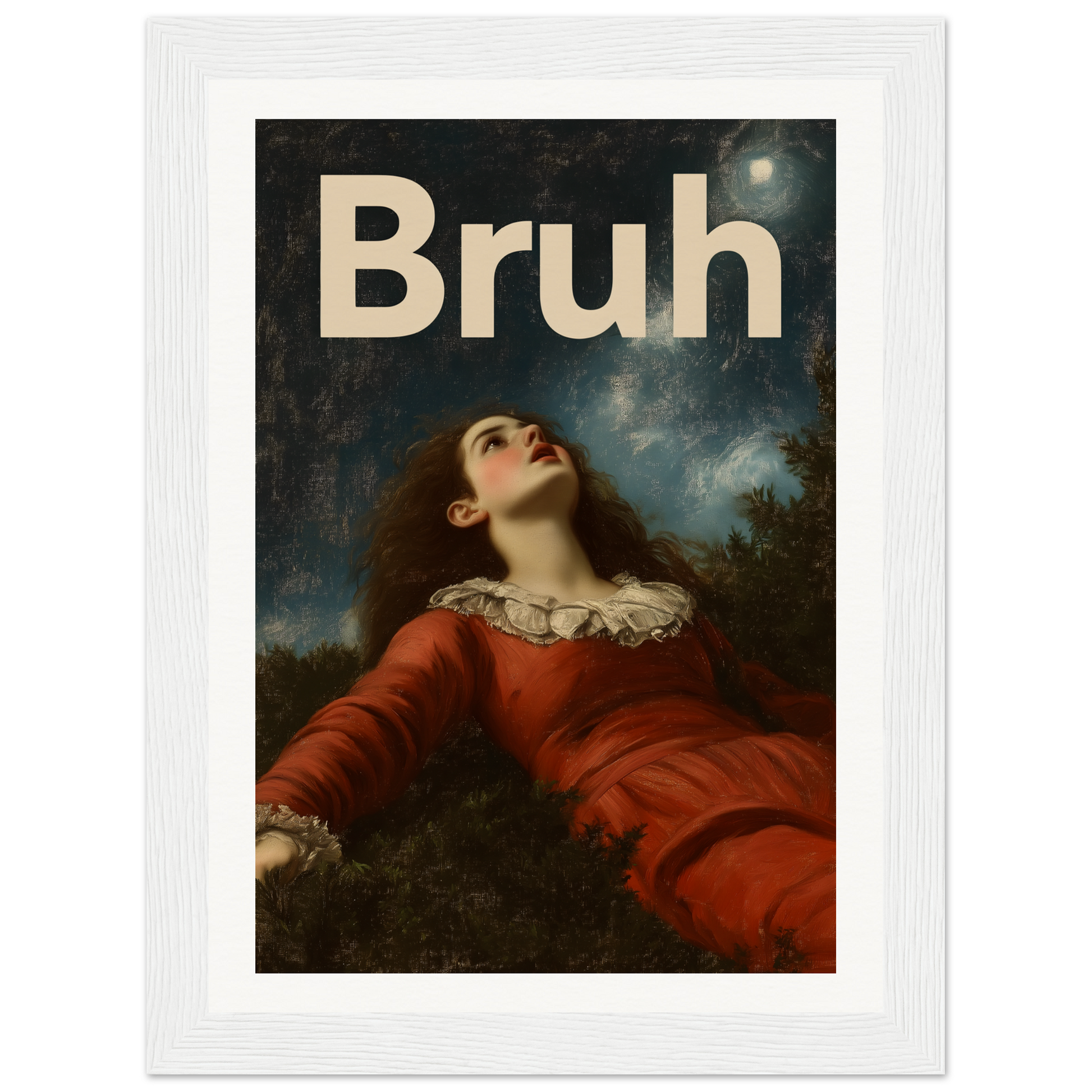 Elegant framed wall art "Bruh Night Bewilderment" blends classic style with modern humor, perfect for cool home decor and room decor.